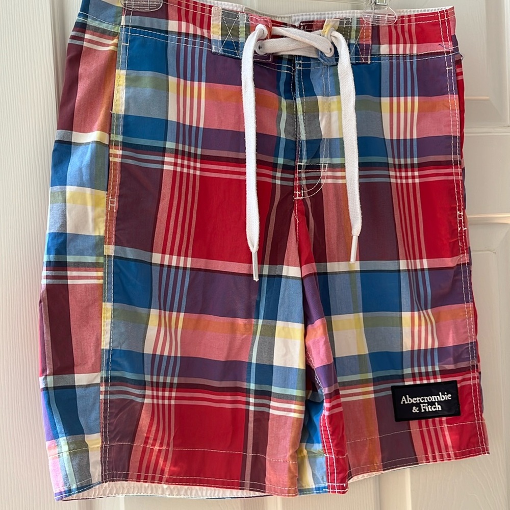 Abercrombie & Fitch classic red & blue madras plaid swim trunks